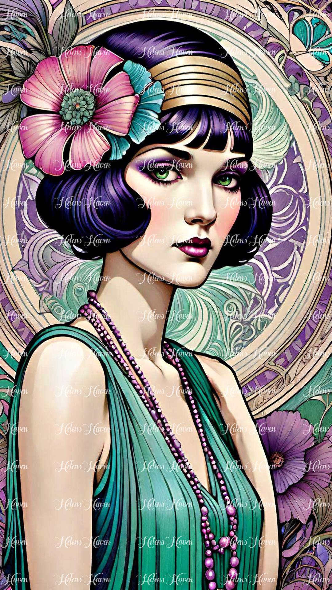 In a captivating portrait, Glenda poses with her signature black bob hairdo, epitomizing the elegance and flair of the 1920s era.