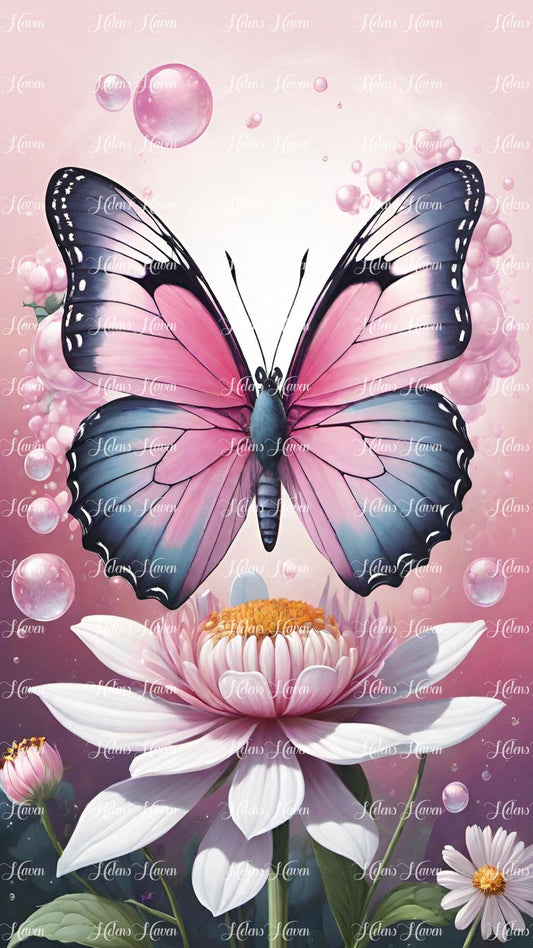 A pastel pink butterfly hovers delicately over a bed of vibrant flowers, its wings a soft, ethereal hue that contrasts beautifully with the colorful blossoms below.