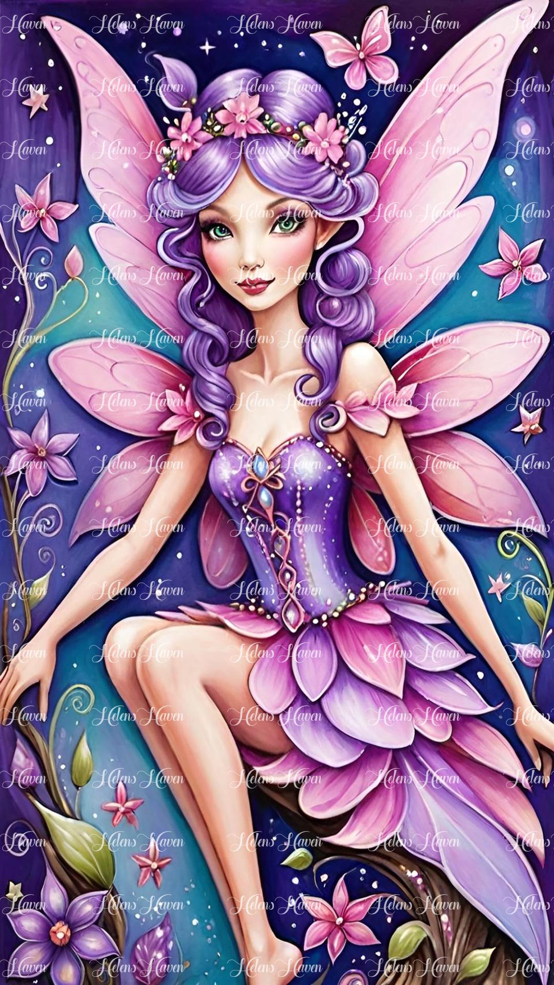 Fleur, the pink and purple fairy, sits serenely in her garden under a starry sky.