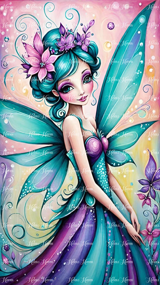 Gabriella, the teal and purple fairy, stands prettily in her garden under a pink sky.