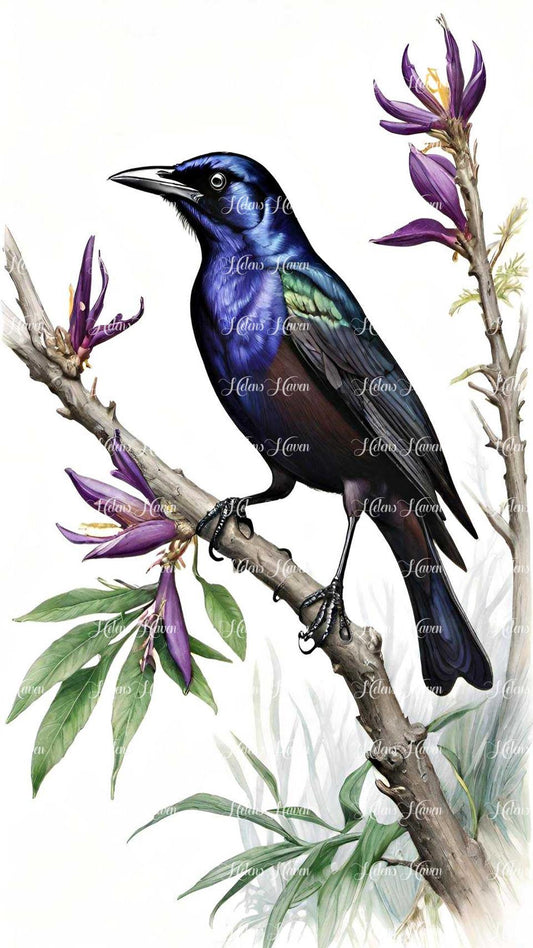 A stunning raven feather glistens as it stands on a branch, catching the light with its iridescent hues of deep blues, purples, and blacks. Perched against the backdrop of the forest, the feather's intricate patterns and shimmering texture create a mesmerizing sight.