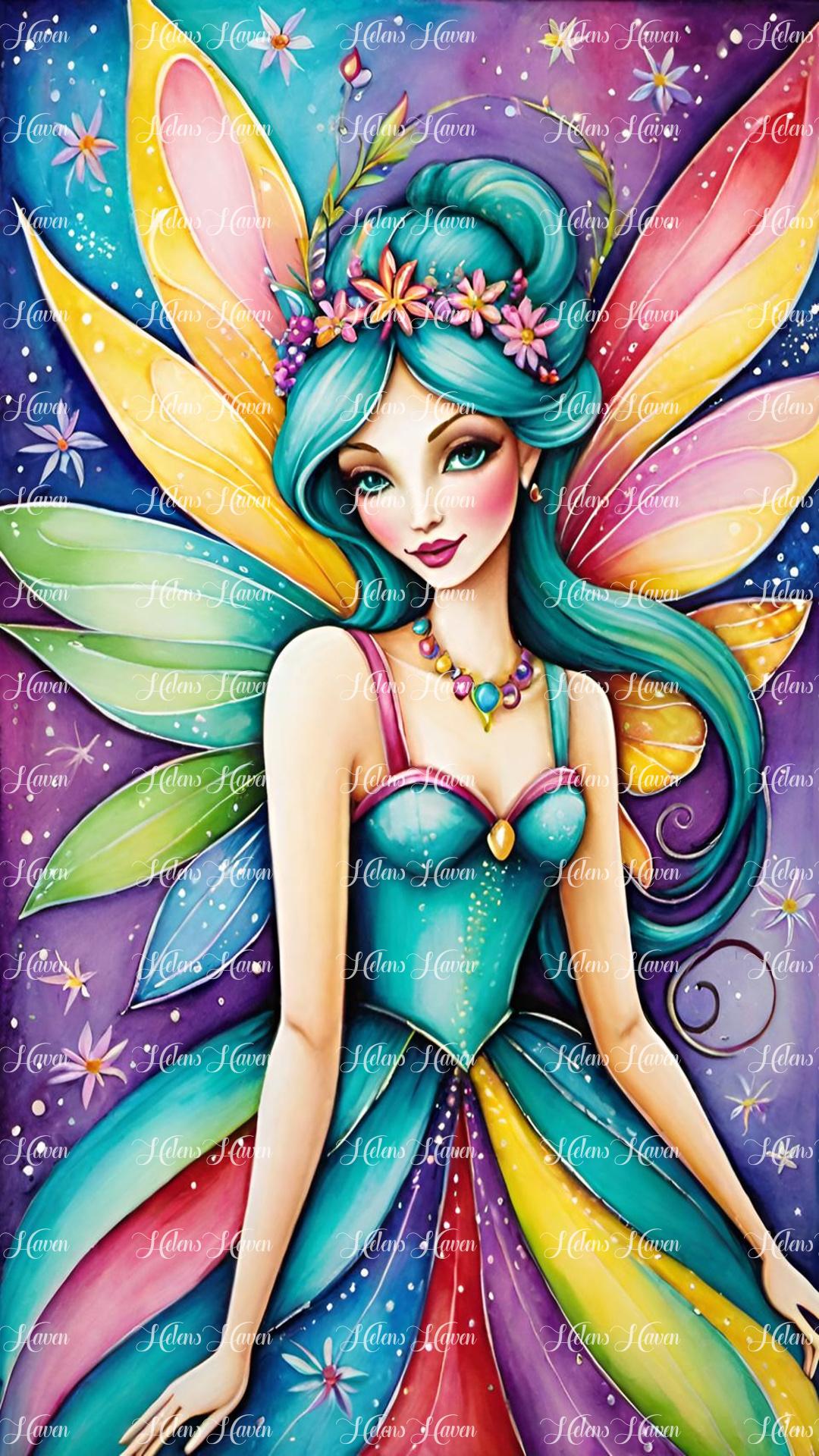 A colorful fairy sits under a starry sky, her wings aglow with shimmering hues of blues, greens, and purples.