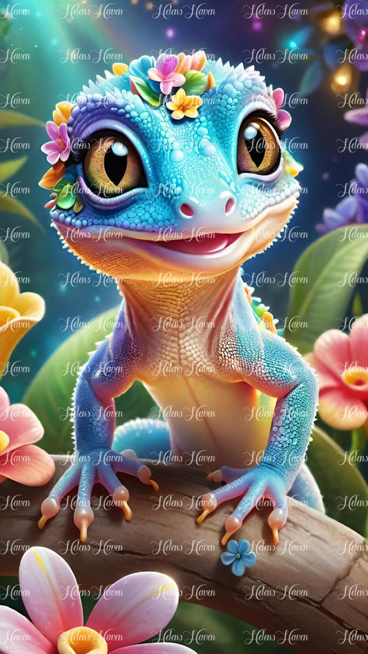 Cute baby blue gecko in flowers