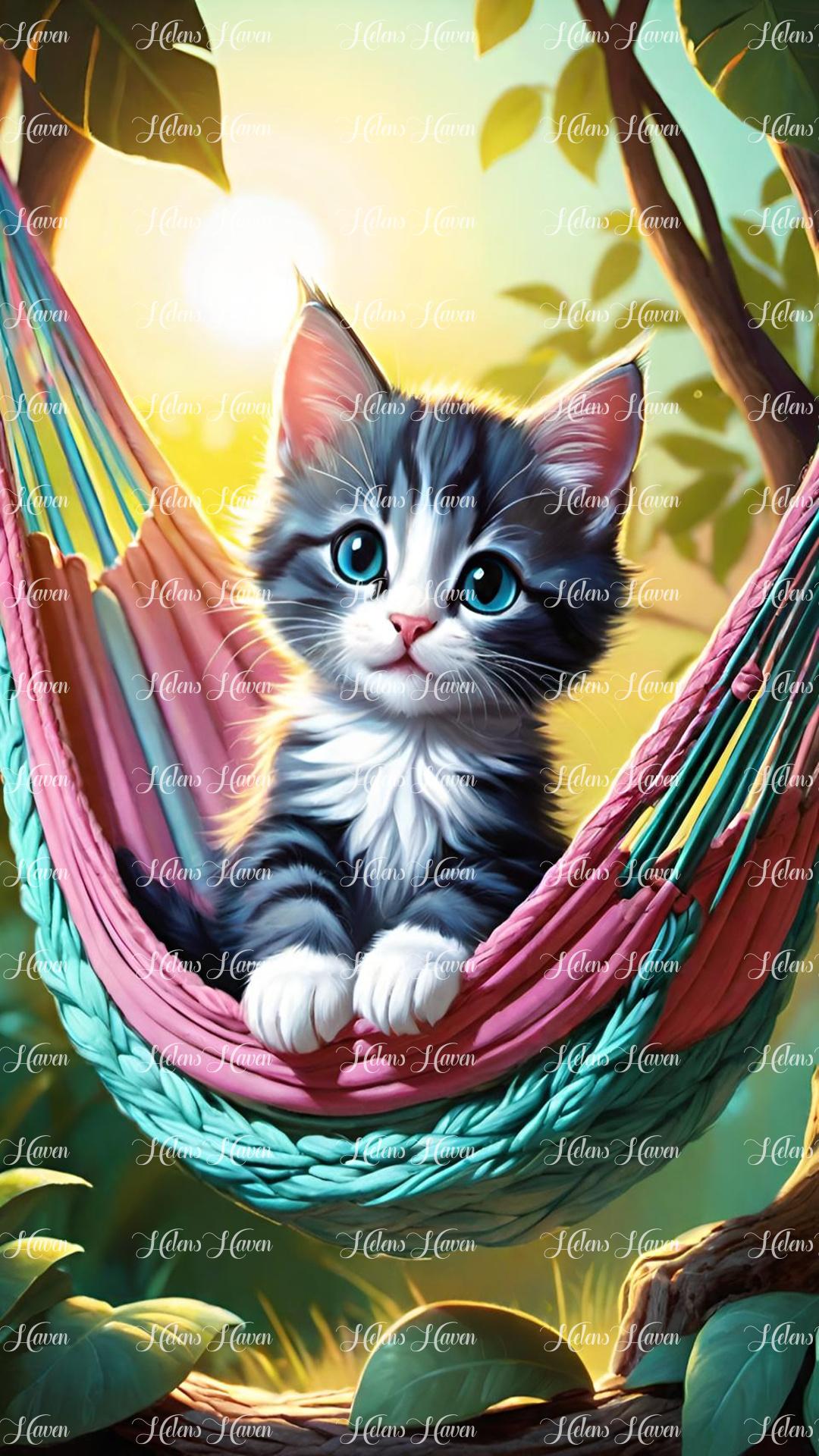 A grey and white fluffy kitten plays gleefully in a hammock, its tiny paws swatting at the gently swinging fabric.