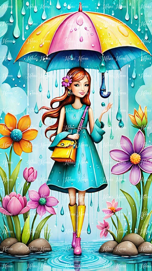 A sophisticated young Madelyne strolls gracefully in the rain, holding a colourful umbrella.