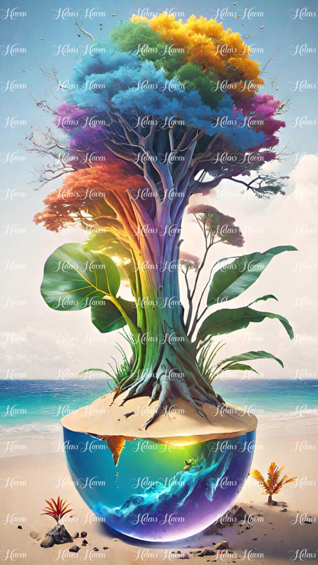 A rainbow-colored whimsical tree stands alone at the beach, its vibrant hues contrasting beautifully with the golden sand and azure sea