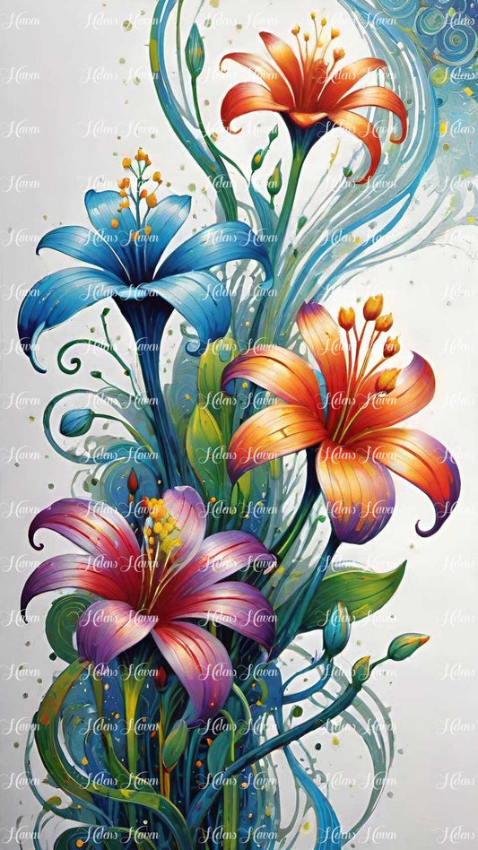 Large, glossy, colorful lilies shine with an artful stance, their petals radiating vibrant hues 