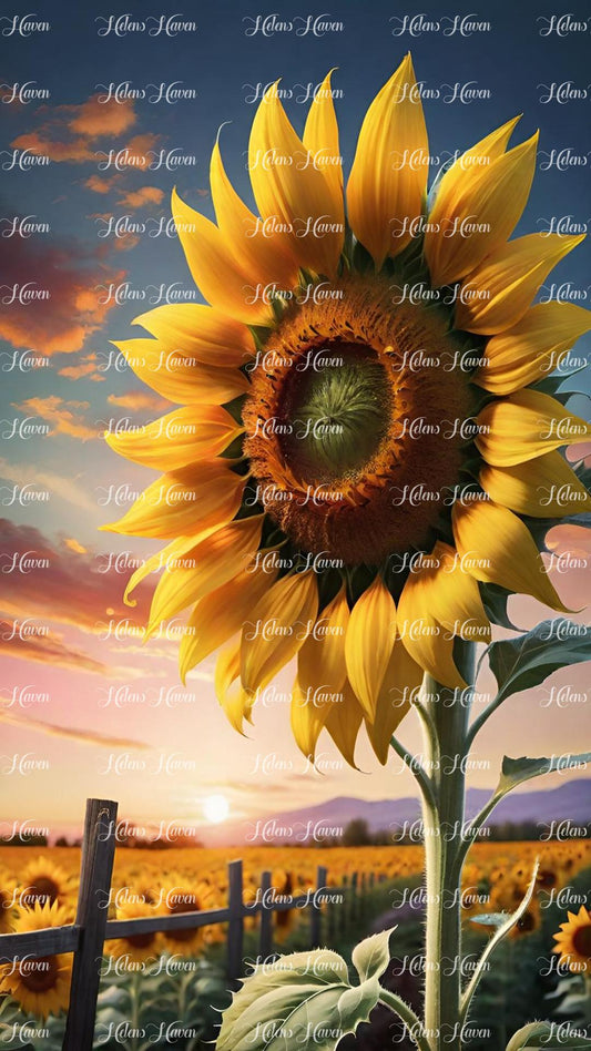 A large, lone sunflower stands tall at dawn, its golden petals glowing in the early morning light.