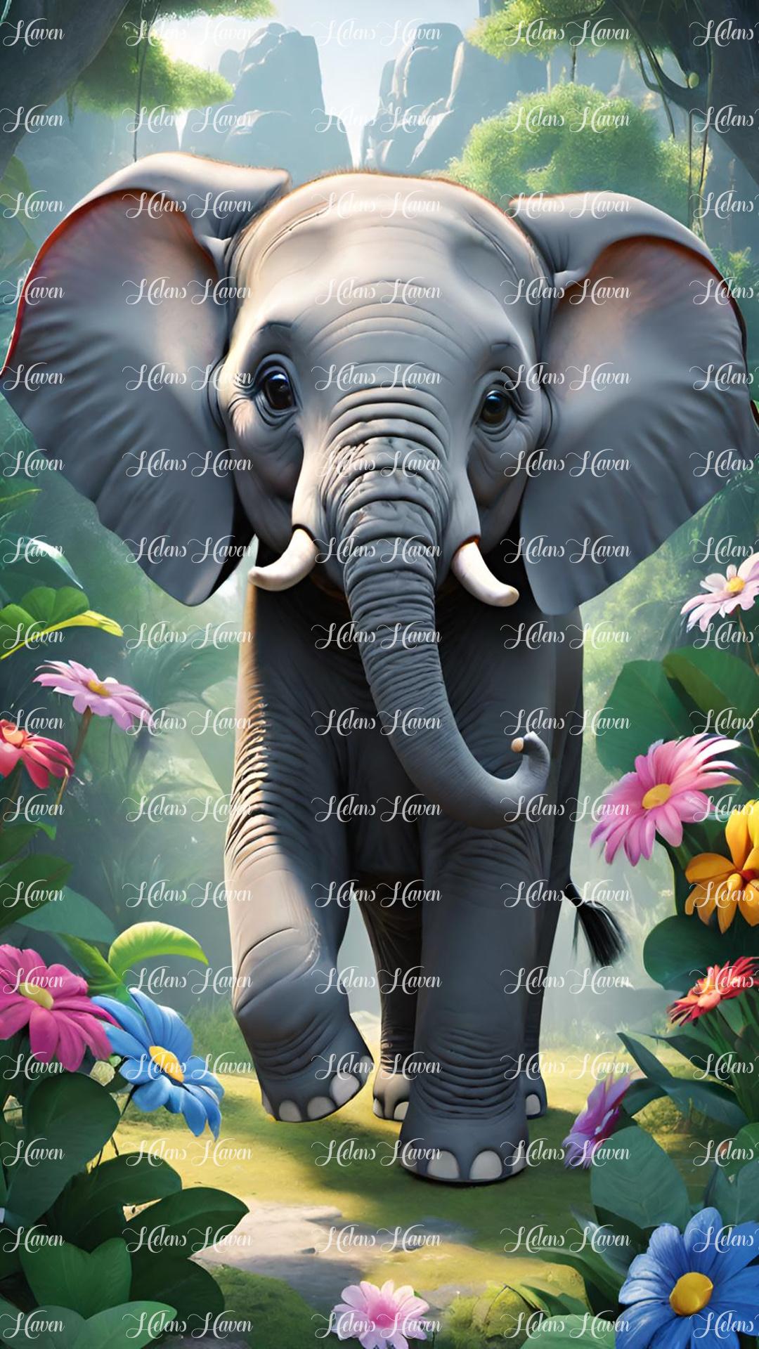 An elephant wanders through a forest floor adorned with pretty flowers and soft grass, its large feet treading gently on the lush ground.