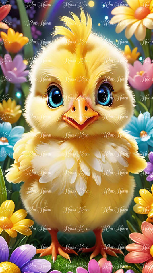 Cute baby yellow chick in flowers