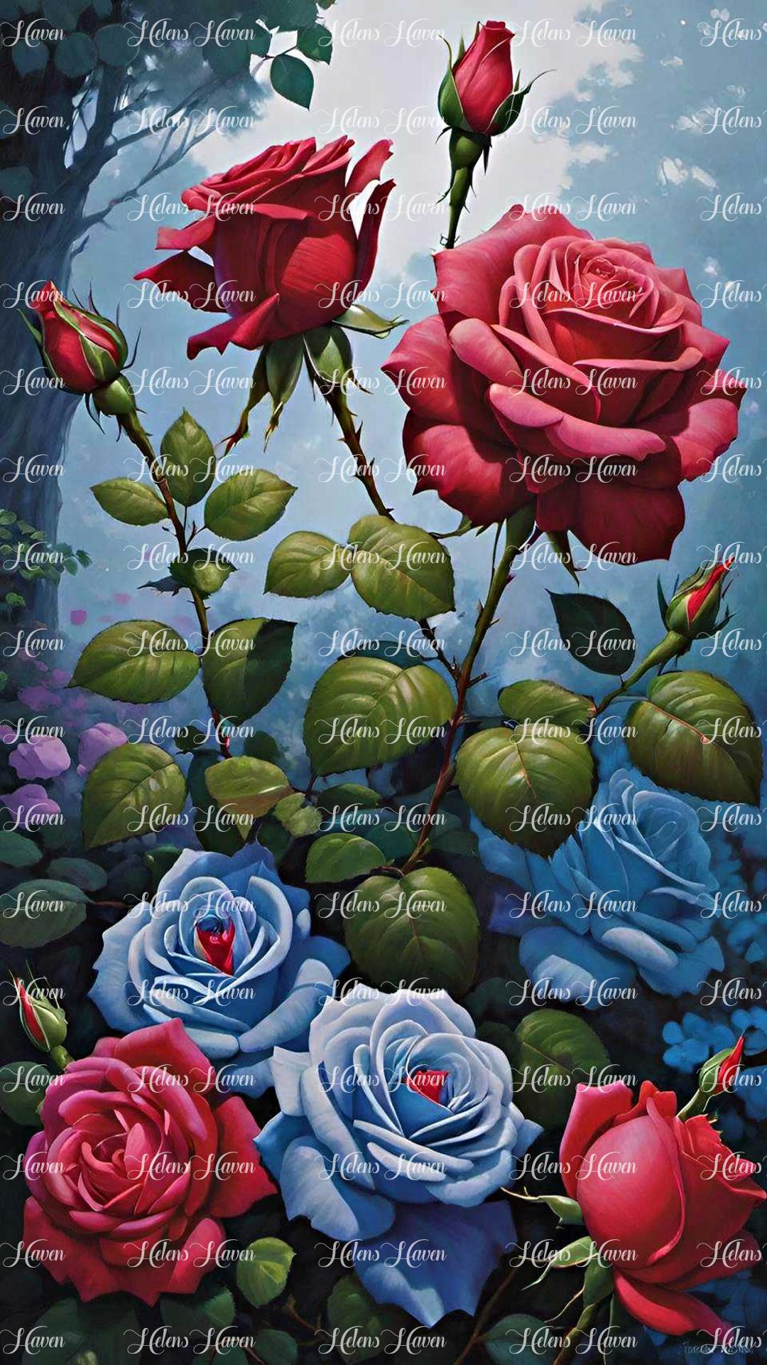 A garden of deep red roses and blue roses blooms in a stunning display of contrasting colors.