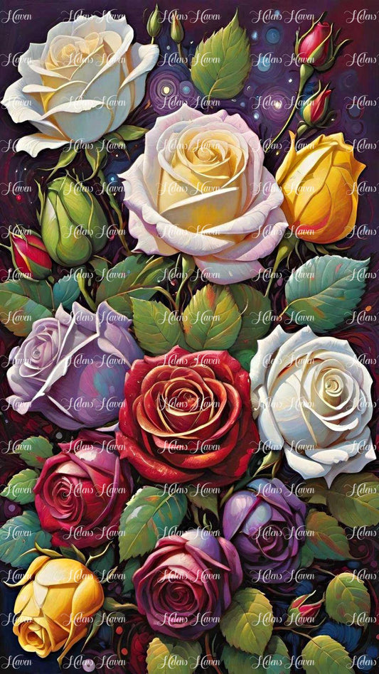 Roses in red, cream, yellow, and violet bloom vibrantly, their green leaves contrasting beautifully against a dark blue starry sky.