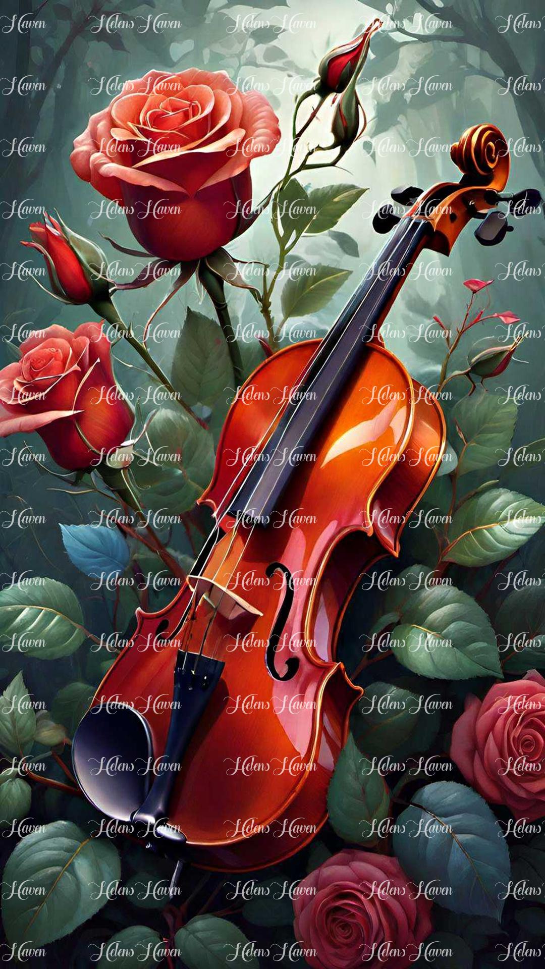 A classic violin poised delicately amidst matching colored roses creates a scene of timeless elegance. 