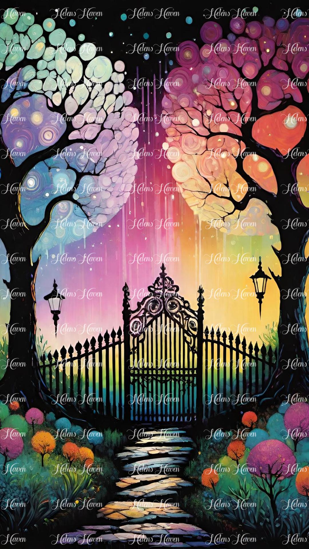 Black iron fancy gates stand closed amidst a colorful scene of trees and gardens, their intricate designs adding a touch of elegance to the vibrant surroundings.