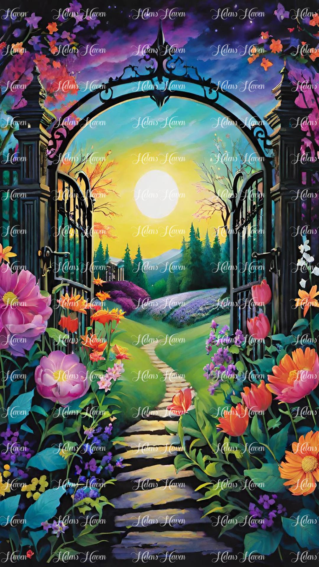 A black archway stands proudly, leading out to an enchanting world of colors and wonder.