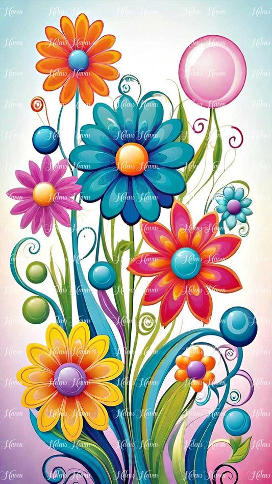 An artist's rendition captures colorful, large flowers with swirls of leaves that delicately curl at their ends,