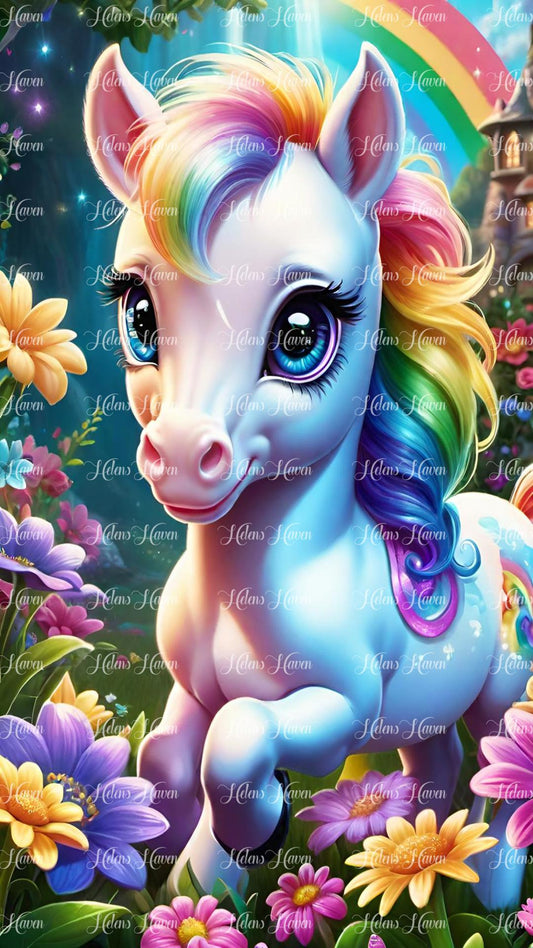 Cute baby unicorn in flowers with rainbow