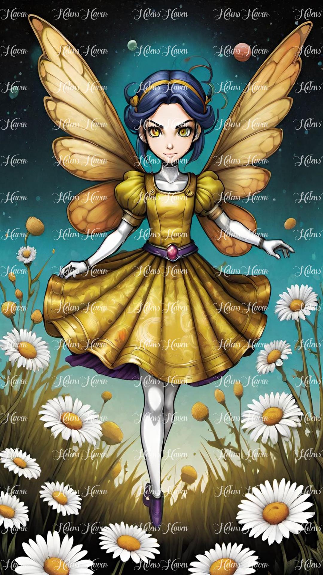 Drucilla, the golden naughty fairy, hovers mischievously over a daisy meadow, her golden wings shimmering in the sunlight.