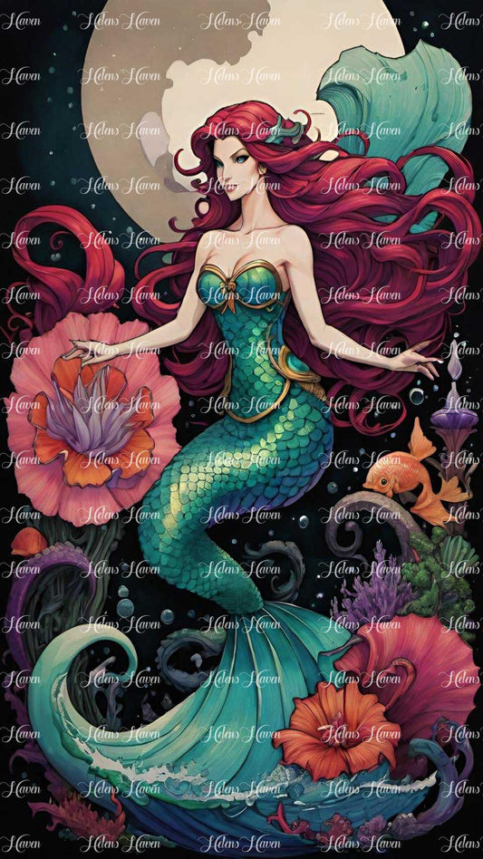 A mermaid with long, flowing red hair sits regally on her throne bathed in the moonlight.