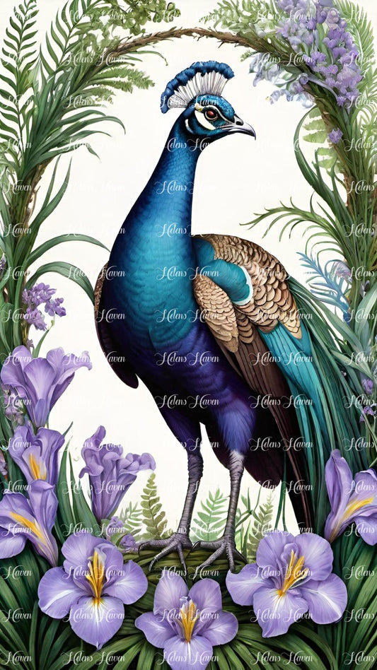 A majestic peacock stands tall amidst a garden of lilac flowers and tall, elegant grass.