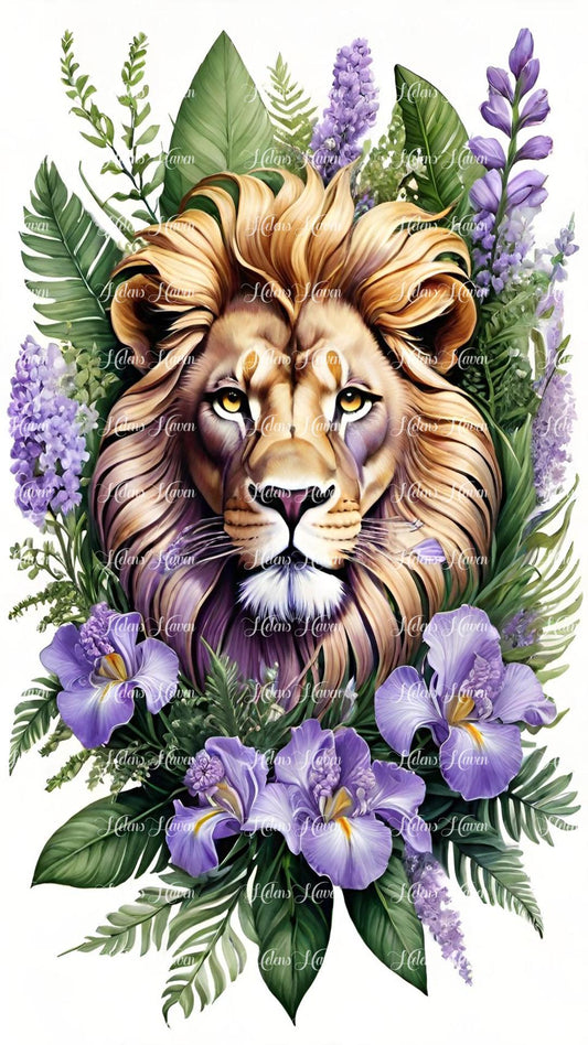 A majestic tiger head emerges regally from a lush setting of lilac flowers and green foliage.