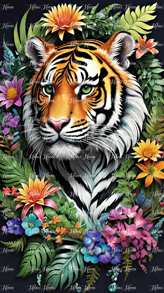 A stunning tiger head emerges amidst a backdrop of lush flowers and foliage, its gaze both powerful and serene