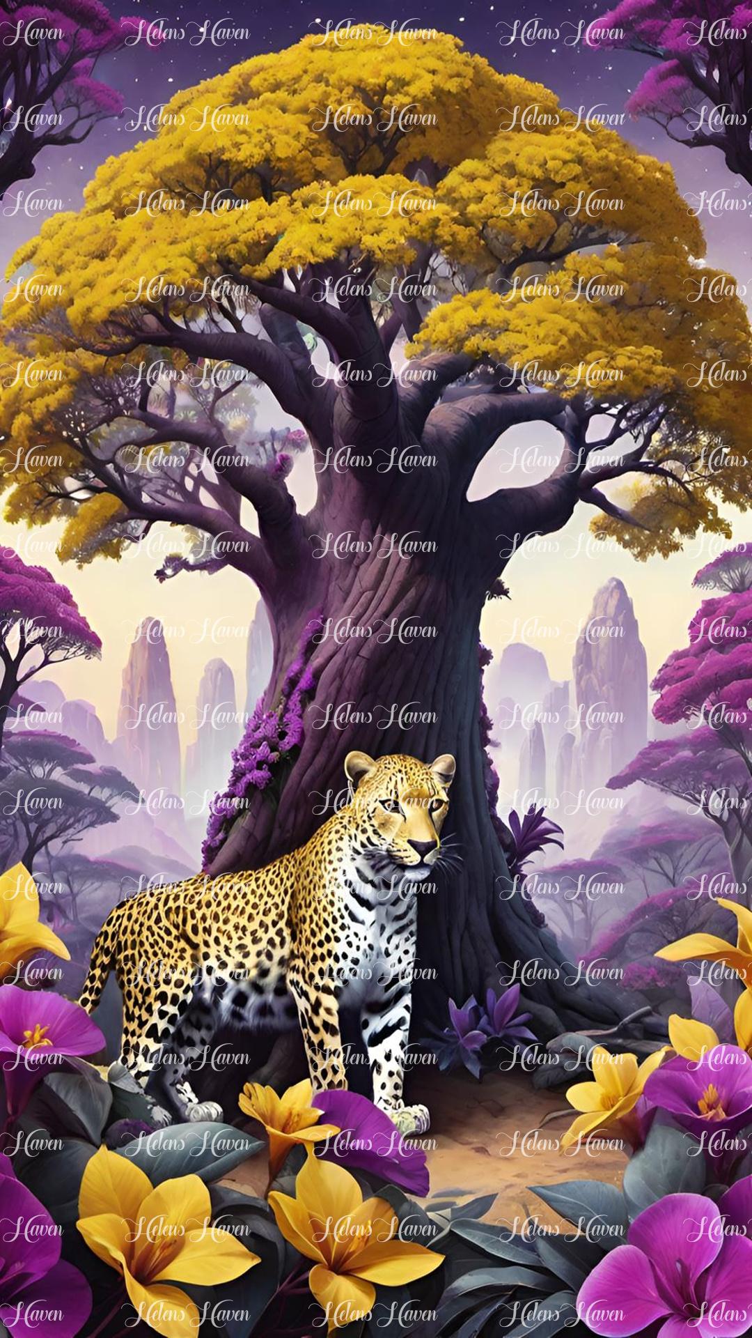 In a stunning wonderland of golden and purple hues, a majestic jaguar stands proudly against a backdrop of a golden and purple tree. 