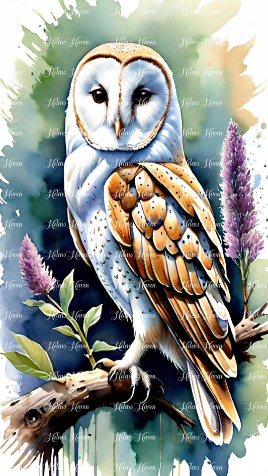 In watercolor, an owl gazes contemplatively out into the wilderness,