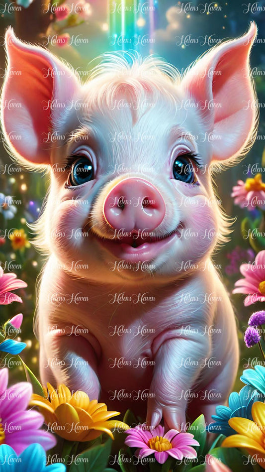 Cute baby pig in flowers