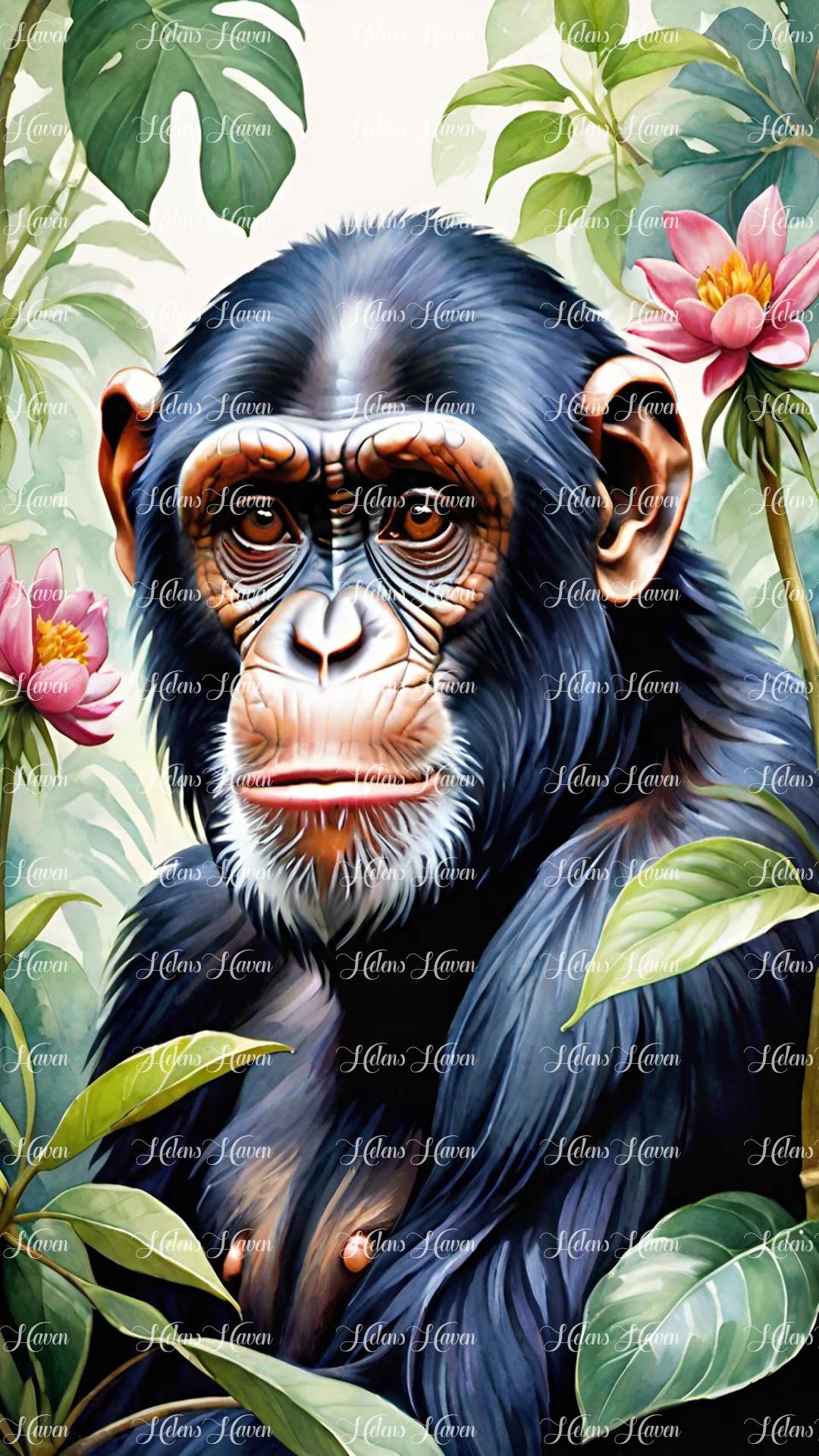 A chimpanzee gazes intently through the jungle foliage