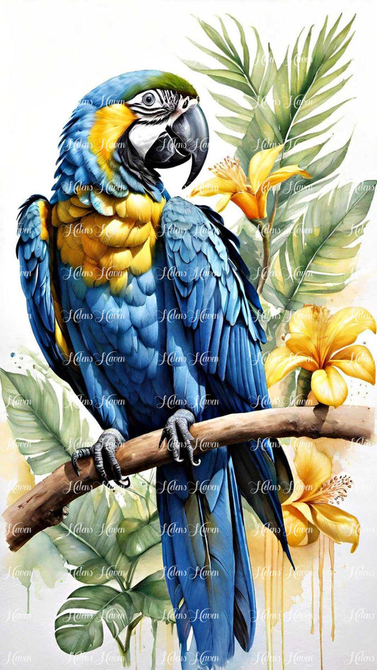 A blue and yellow macaw perches majestically on a tropical forest tree branch,