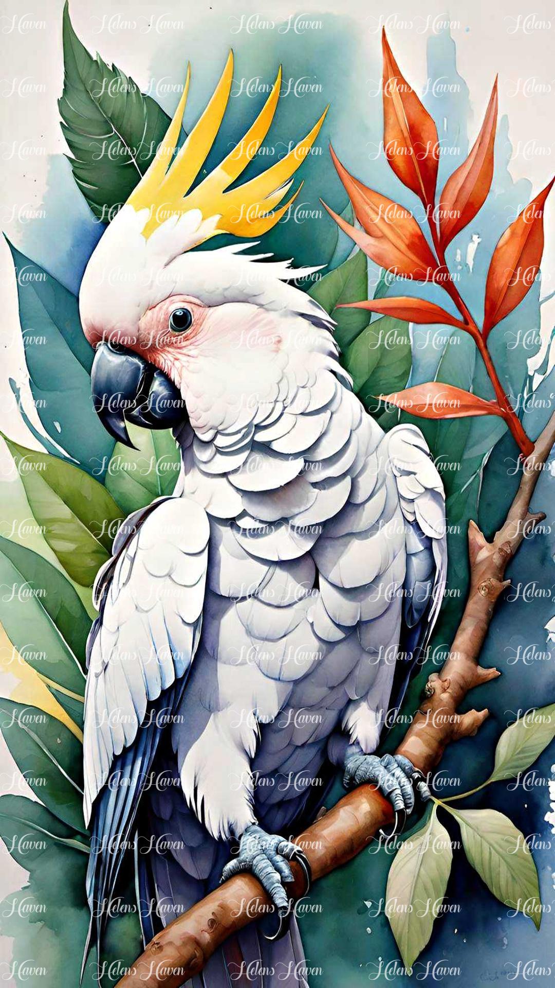 A yellow-crested white cockatoo perches gracefully on a tree branch, its bright yellow crest contrasting beautifully with its pristine white feathers. 