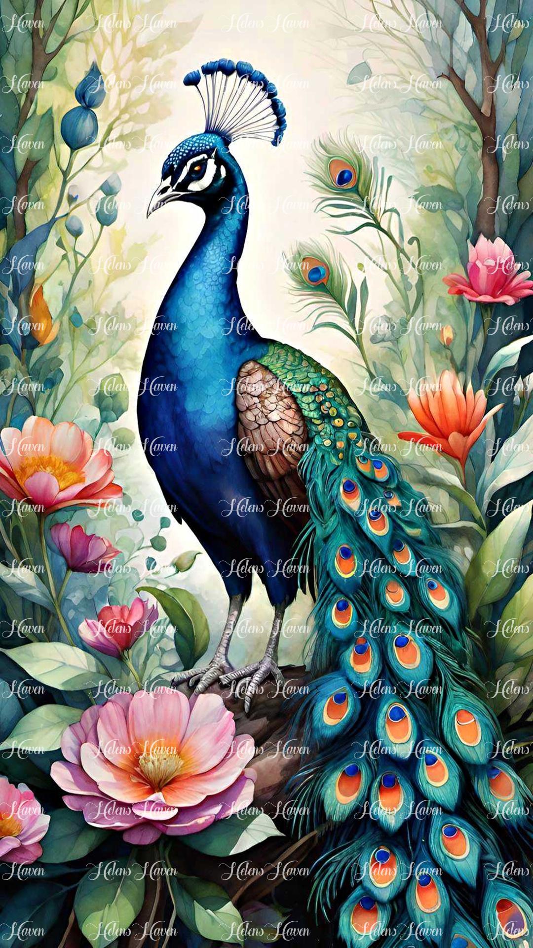 A male peacock stands tall amidst elegant flowers, its magnificent plumage adorned with iridescent blues and greens that shimmer in the sunlight.