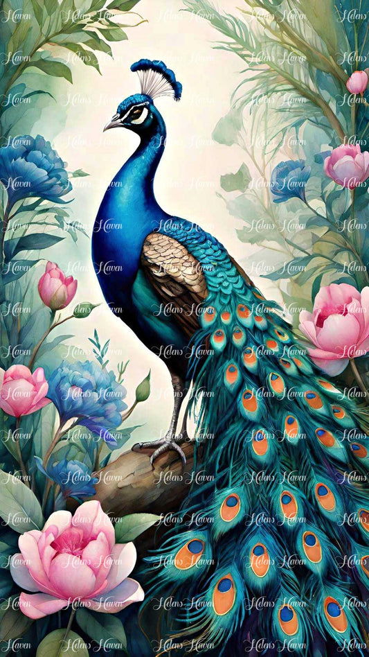 A stunning peacock stands tall against an elegant backdrop of lush flora and fauna.