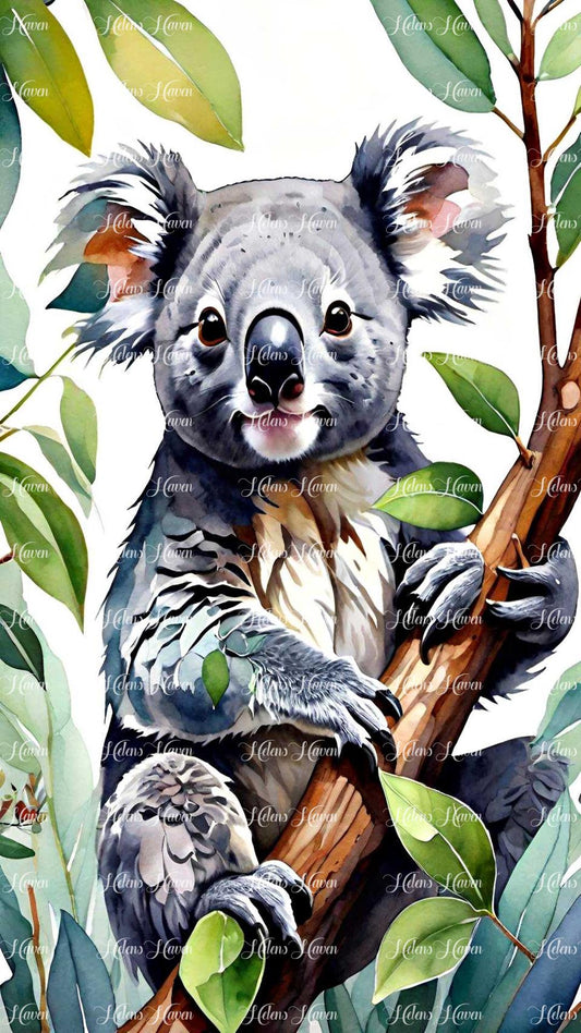 A smiling koala sits comfortably in its natural habitat, nestled among the eucalyptus trees that provide both food and shelter.