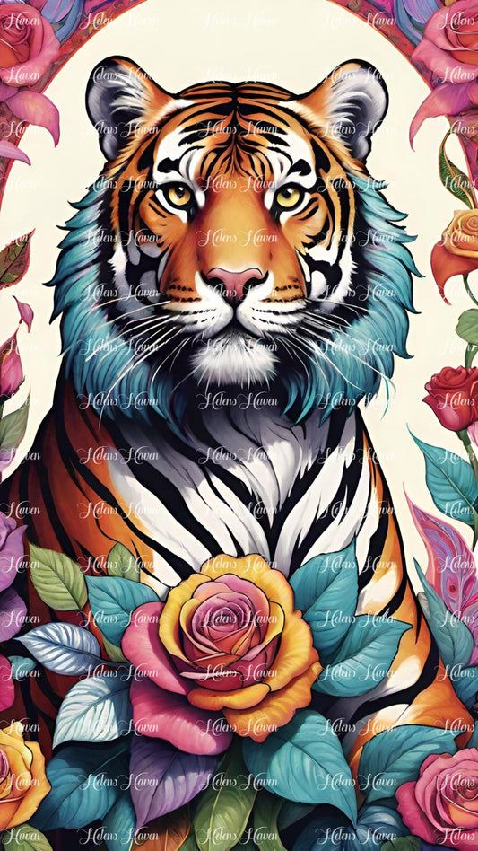 Confidently poised amidst a bed of roses, a regal tiger exudes strength and elegance.