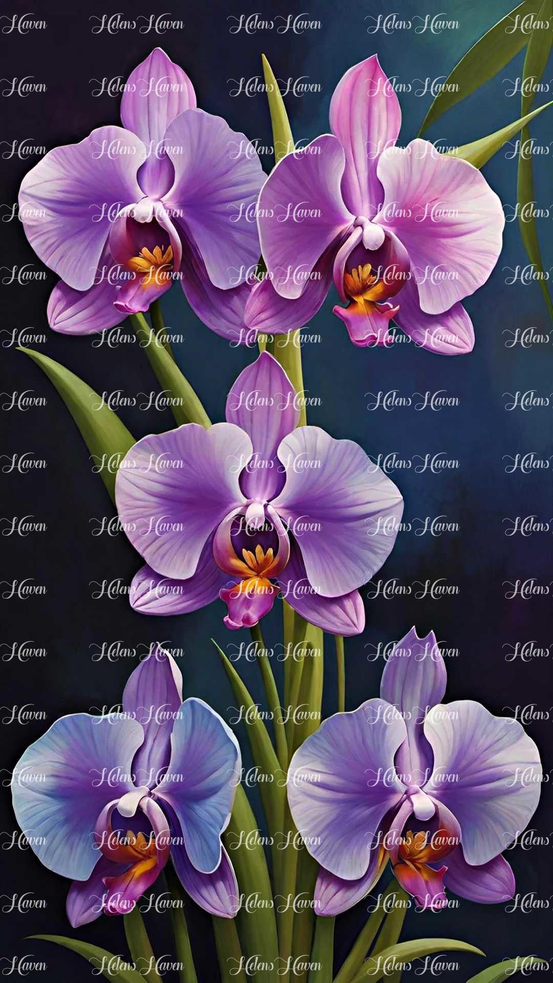 Glorious purple orchids stand tall, exuding elegance with their delicate blooms and slender stems. 