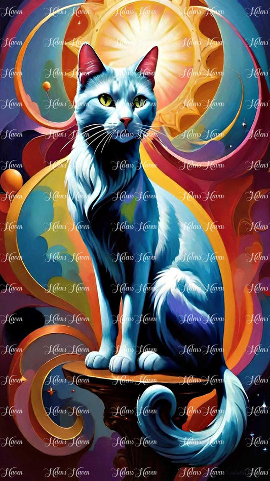 A whimsical cat depiction emerges against a backdrop of arty, colorful swirls in vibrant orange and blue hues