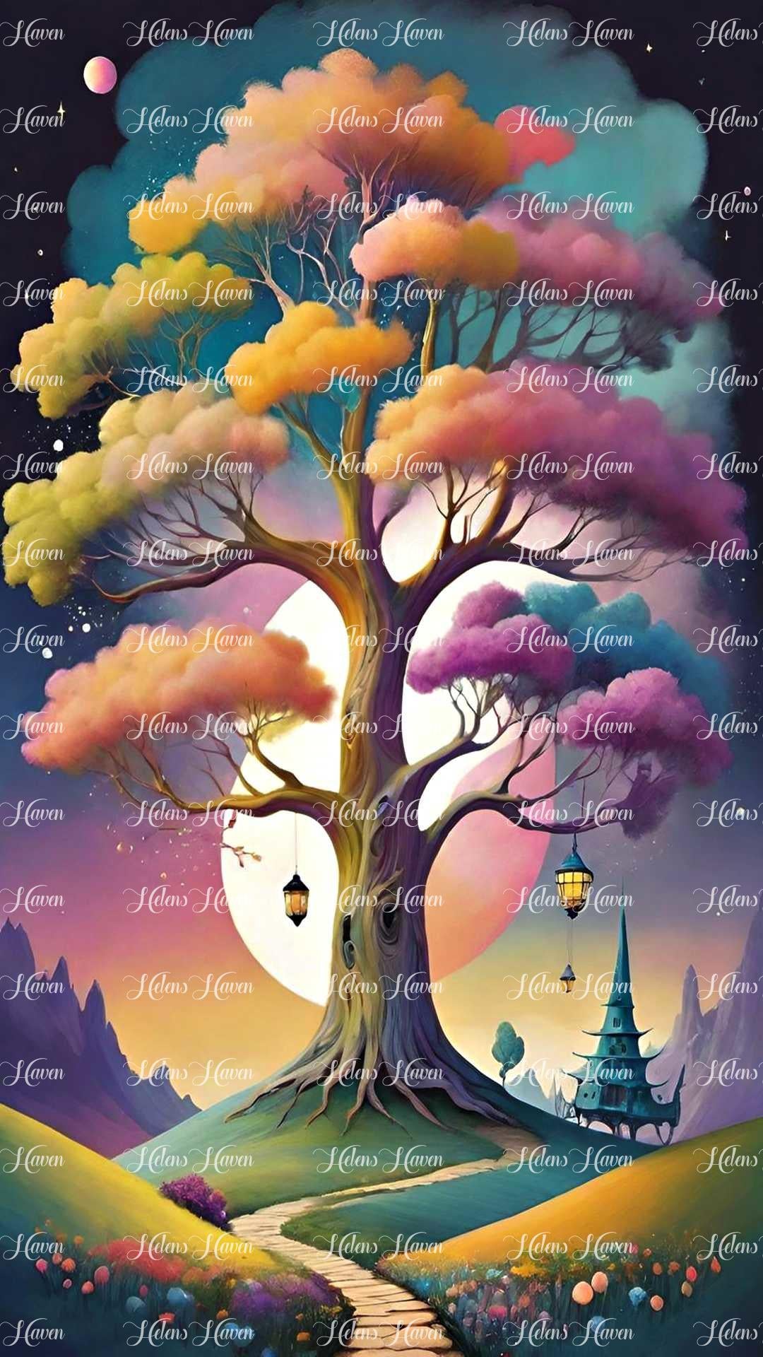 In a magical stained glass depiction, a colorful tree stands tall amidst an enchanted fantasy landscape,