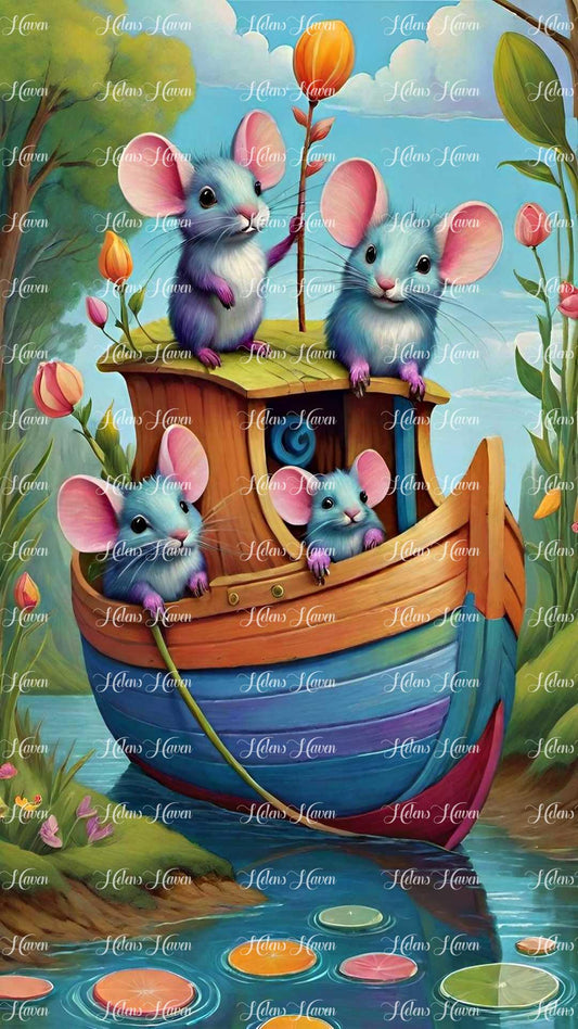 Creating a stained glass image of a family of mice sailing down a river would involve capturing the whimsical nature of the scene.