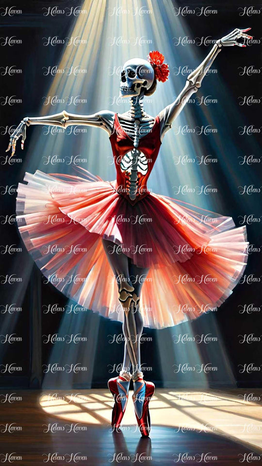 A skeleton ballerina adorned in a Red tutu pirouettes gracefully