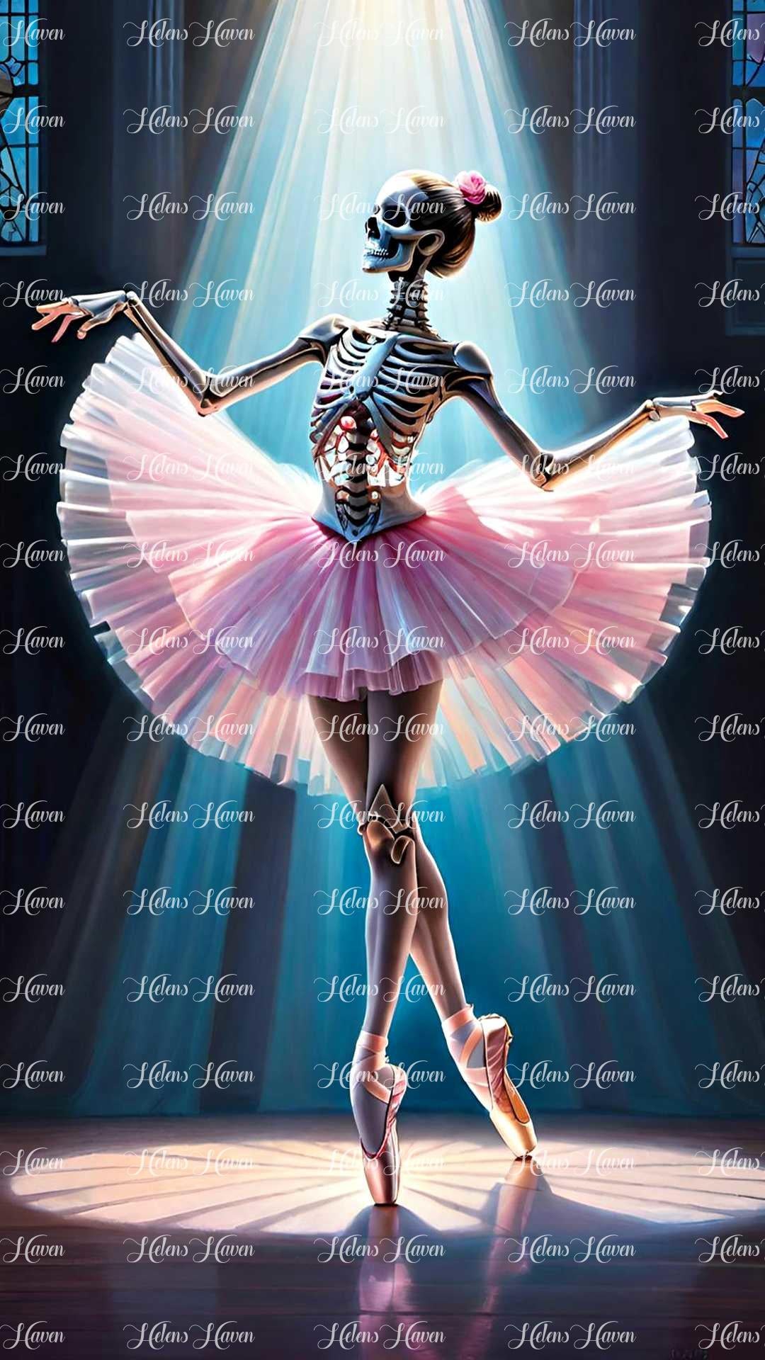 A skeleton ballerina adorned in a Pink tutu pirouettes gracefully, 