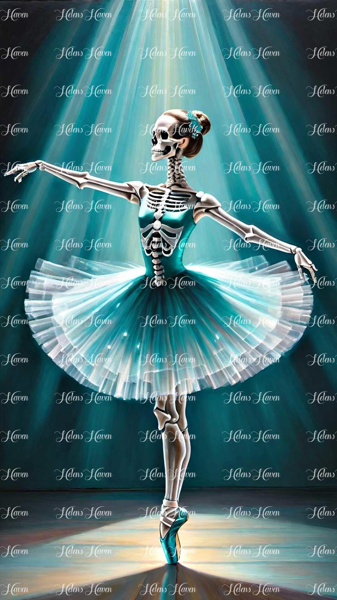 A skeleton ballerina adorned in a Teal tutu pirouettes gracefully, 