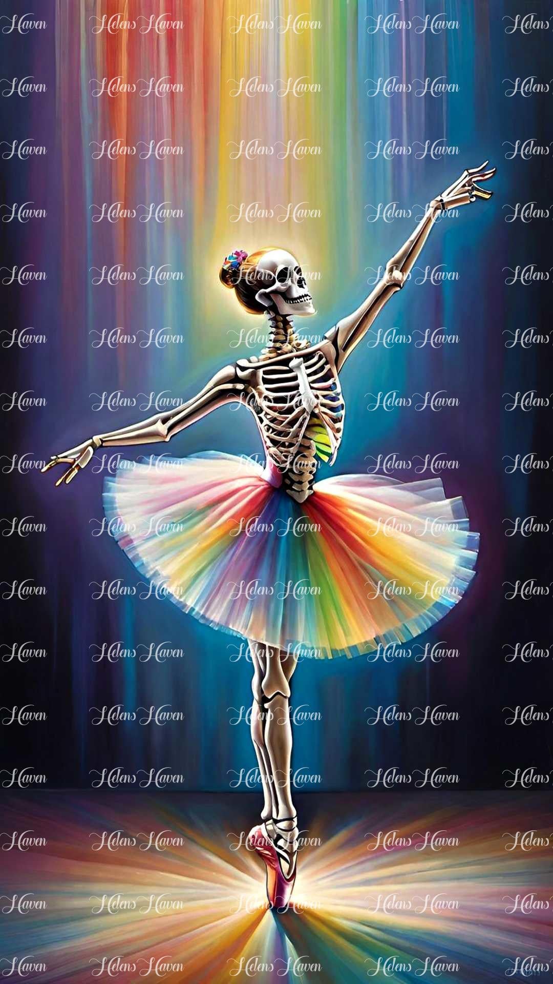 A skeleton ballerina adorned in a Yellow tutu pirouettes gracefully, her bony fingers tracing elegant arcs through the air. Each delicate movement defies the macabre nature of her form, embodying a haunting beauty that transcends the realm of the living.