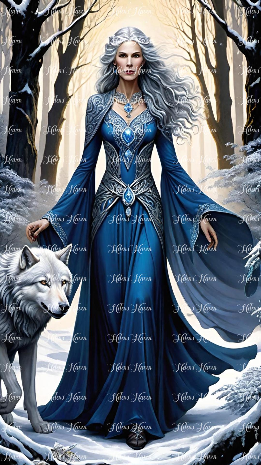 Sapphire Wolf Queen in the snowy forest strides gracefully, her fur glistening like scattered stars under the moon's gentle glow