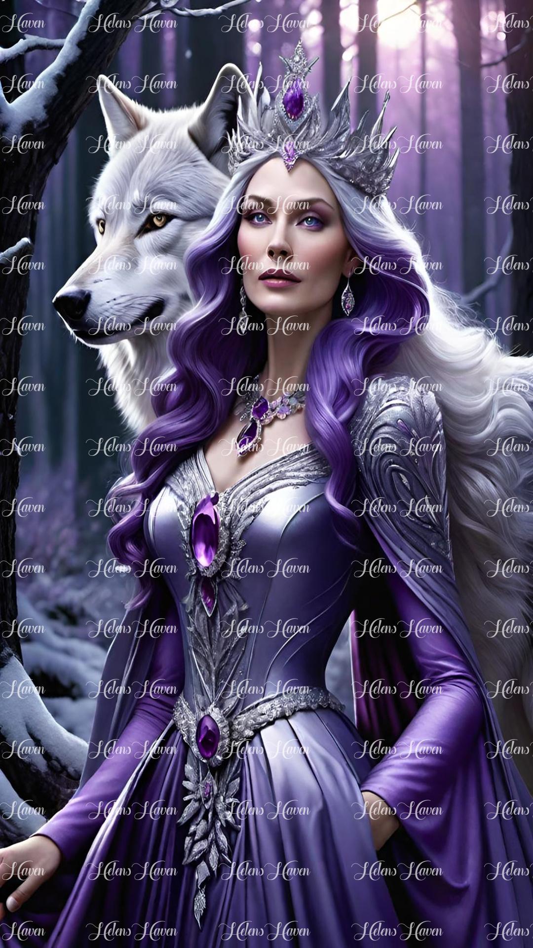 Amethyst Wolf Queen in the snowy forest moves with a silent grace, her fur a shimmering blend of purple hues under the moonlit night.