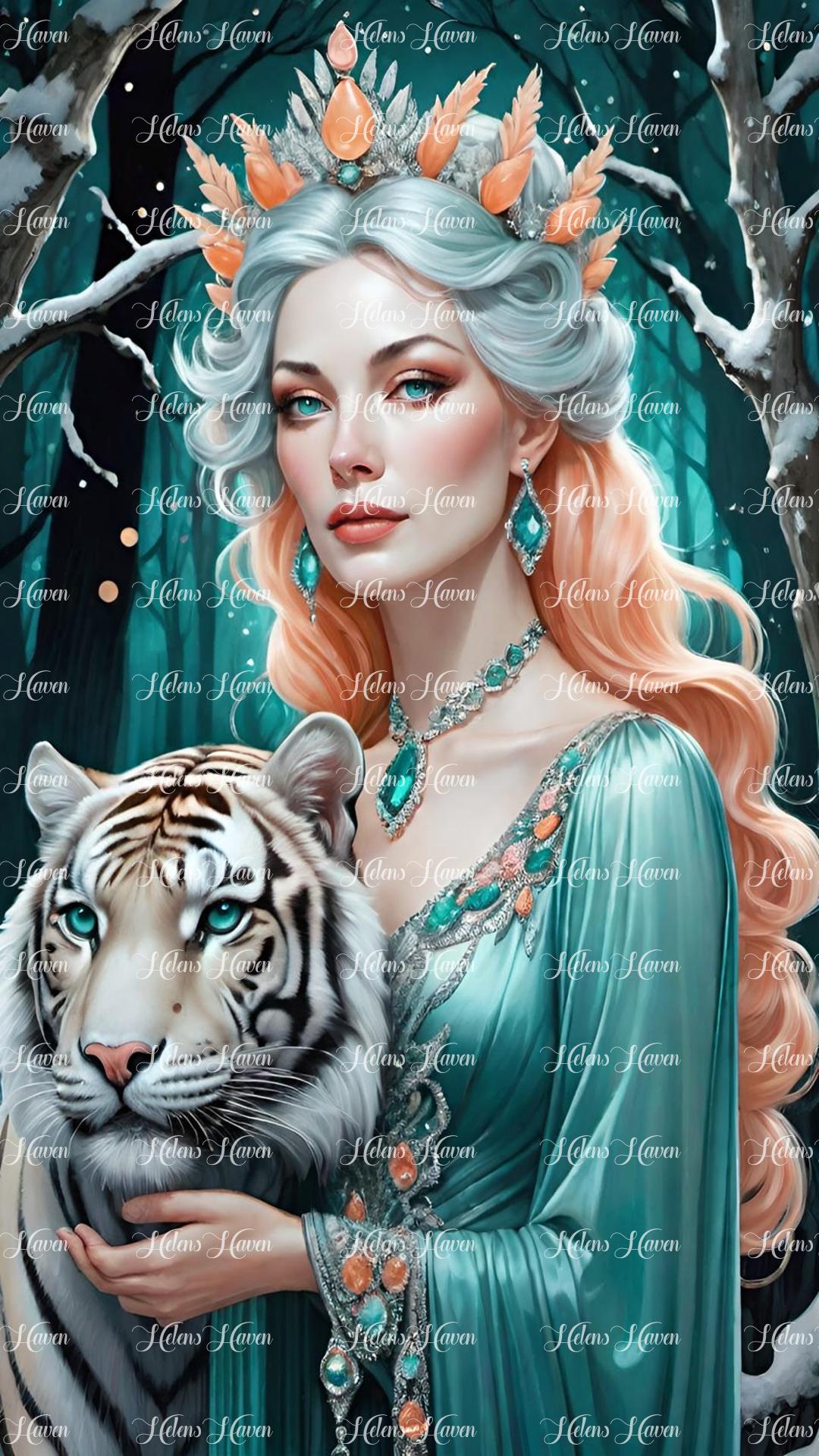 The Teal Snow Tiger Queen in the forest prowls with a majestic aura