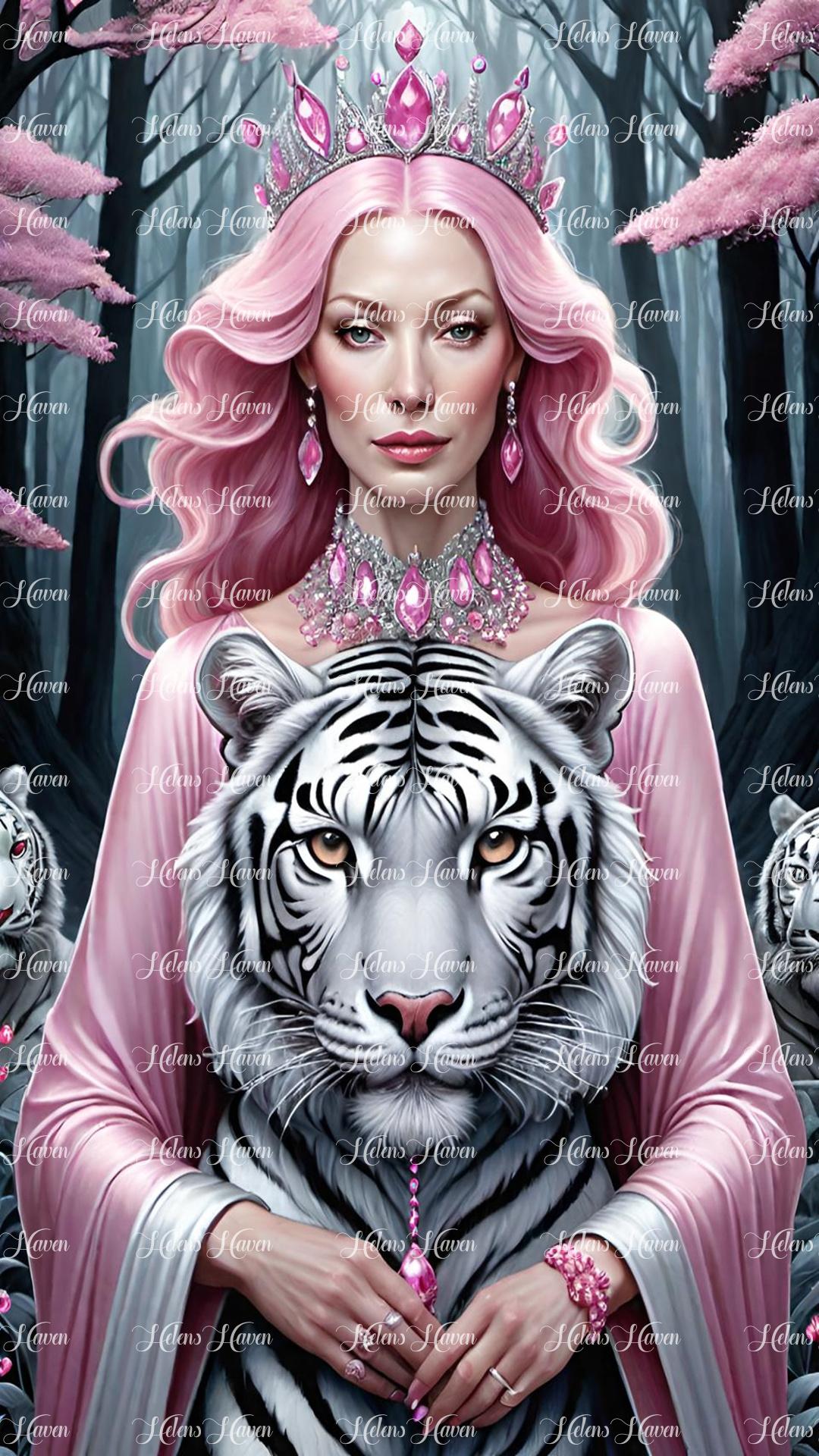 The Queen of the White Tigers in a snowy forest radiates elegance in her pink attire