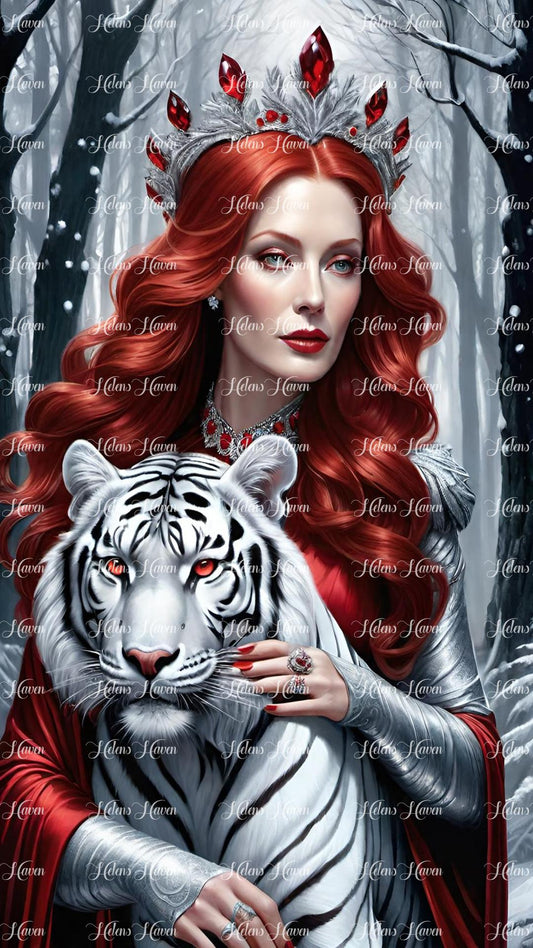 The White Tiger Queen, adorned in long flowing red hair, embraces her pet tiger in the snowy forest, their bond palpable amidst the serene winter backdrop.