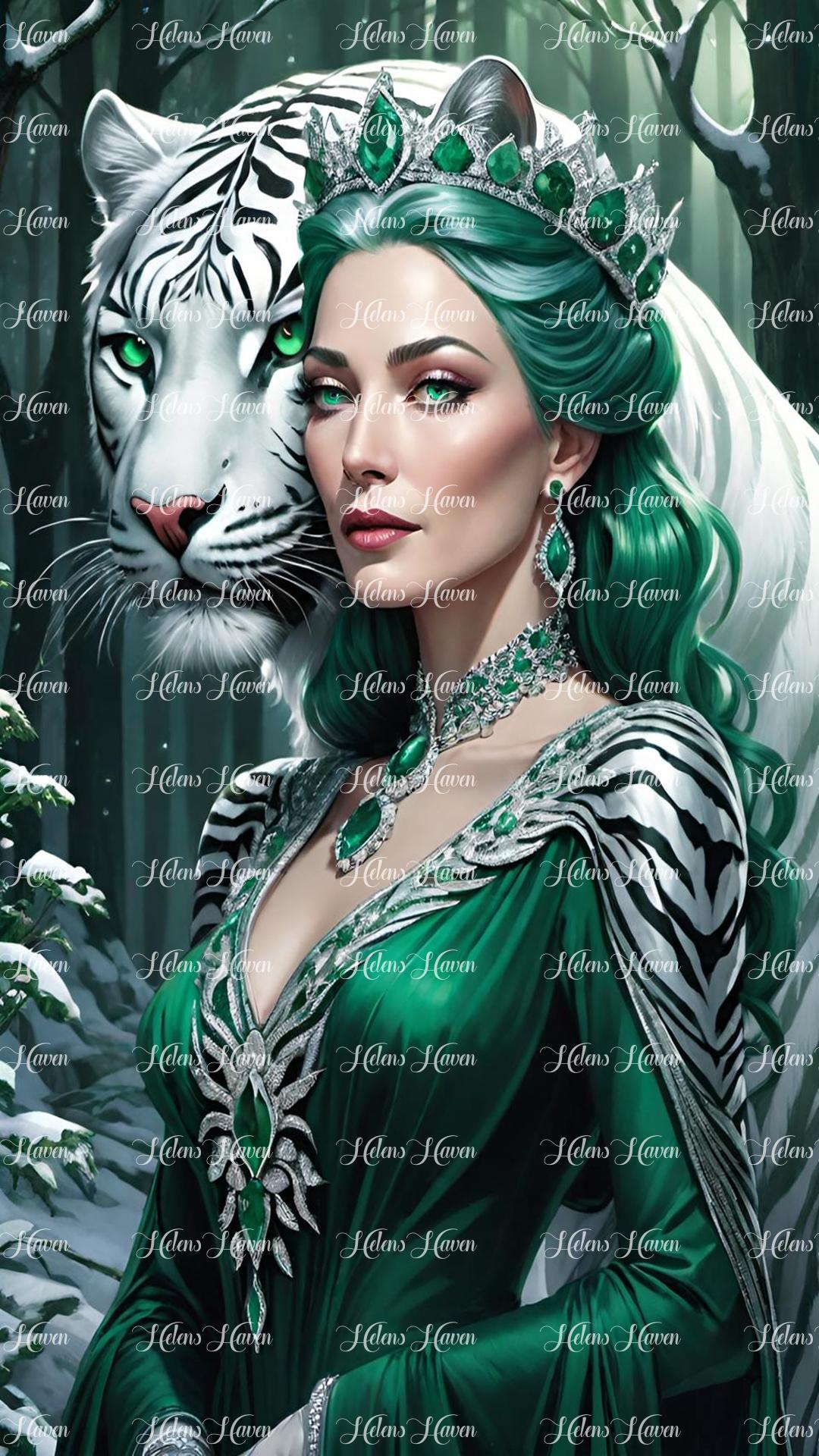 The Queen in emerald green strides through the snowy forest with her white tiger at her side